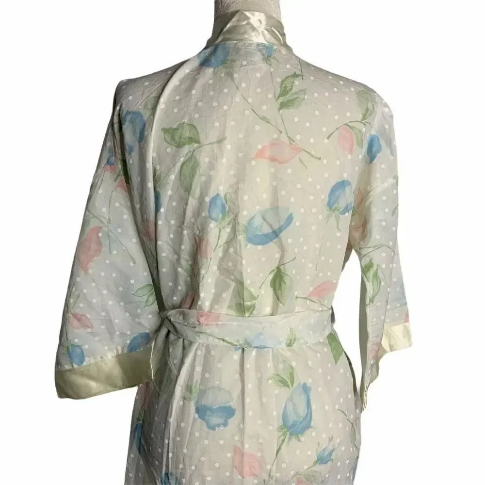 Vintage Long Floral Belted Robe S White Polka Dots
